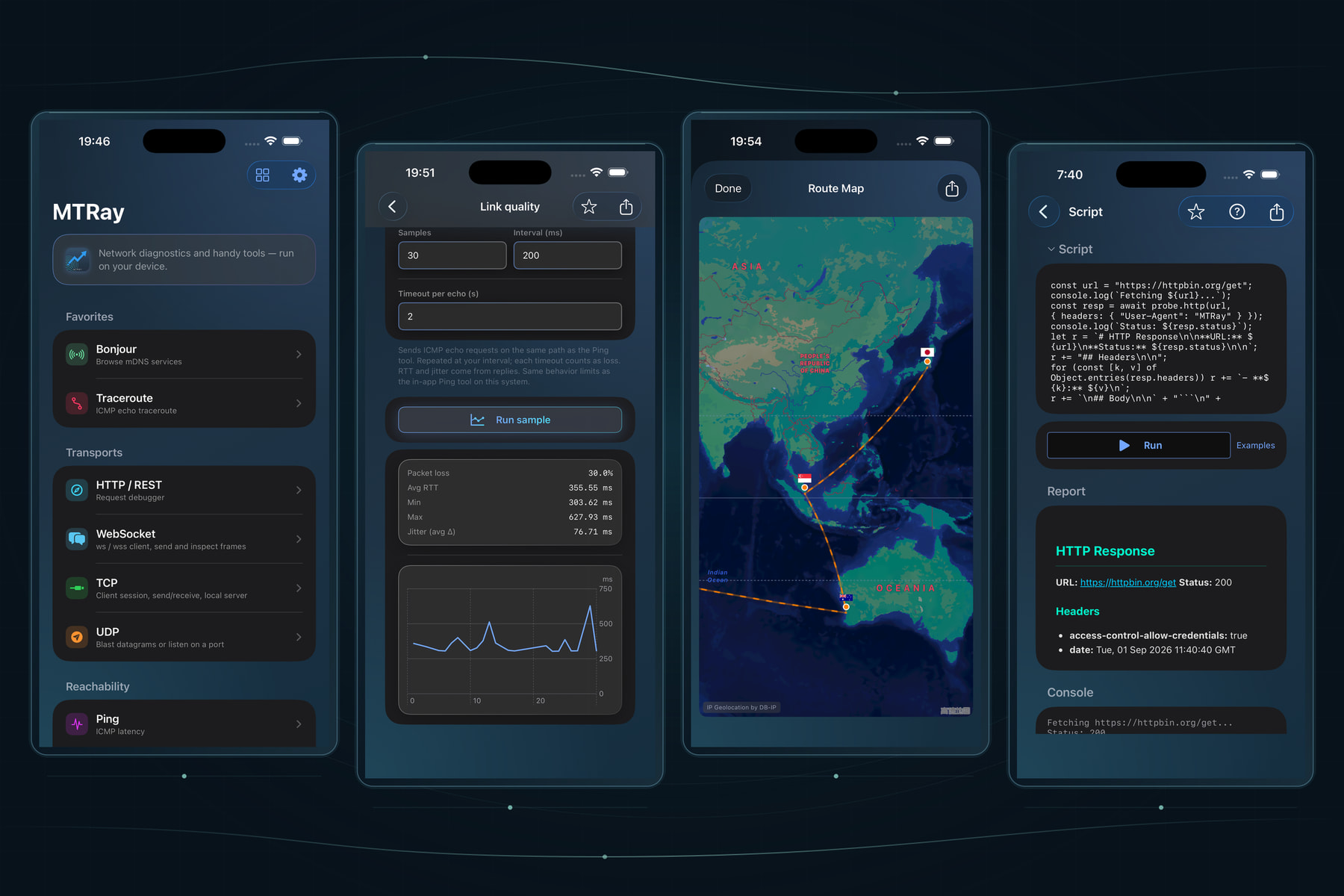 MTRay screenshots showing the network toolbox, link quality, route map, and scripting.